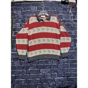VTG Sands Sweater Mens Medium Red White Gray Striped‎ Collared Pullover England